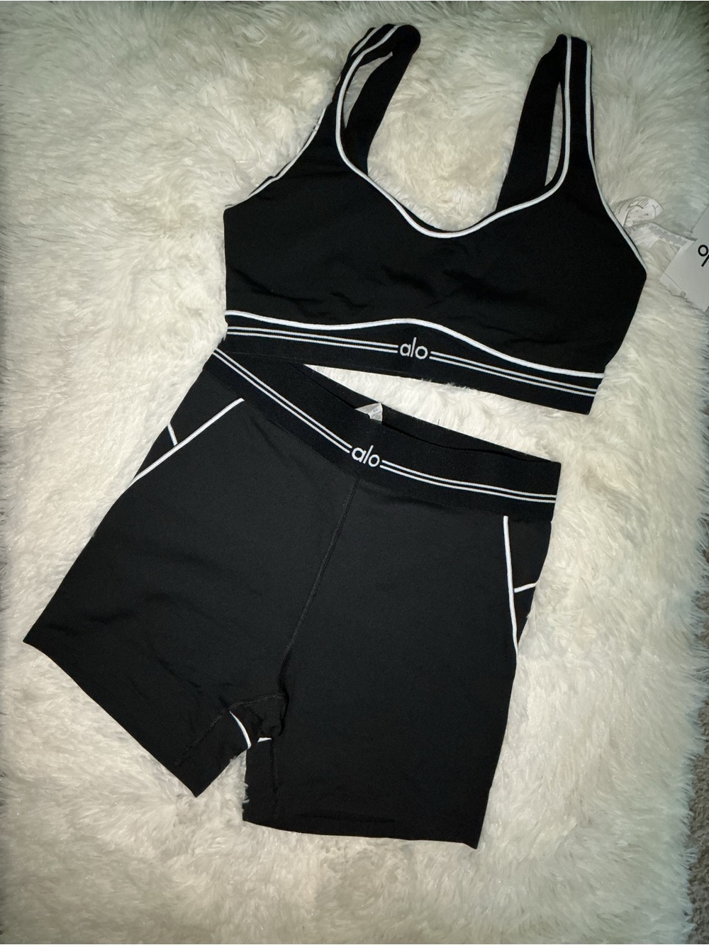 ALO Yoga Black Sports Bra & Bike Shorts Set with White Trim